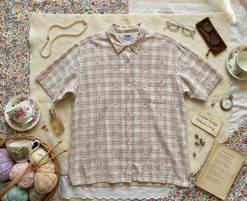 Vintage Plaid Blouse Grandma Cottage Core Northern Reflections Women’s Large